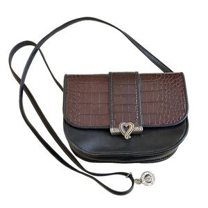 Brighton Joanna Heart One World Black Brown Leather Crossbody Trim Purse Size M